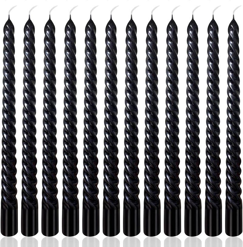 Peytanger 10 Inch Black Spiral Taper Candles Set for Halloween, 12 Pack Unscented Twisted Candlesticks, Dripelss Thin Tapered Candles for Memorial Prayer Wiccan Rituals - Image 1